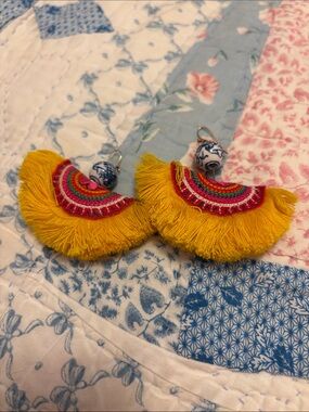 Yellow Fan Tassel Drop Earrings with Blue Bead Accent